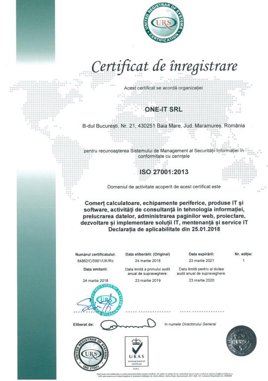 Certificarea ISO 27001 ONE-IT SRL
