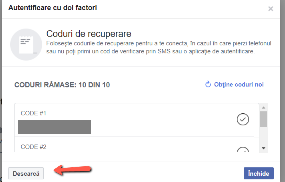 Facebook securitate coduri